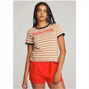 Chaser Bonjour Red Applique Ringer Tee in Tan White Stripe 100% Cotton Small